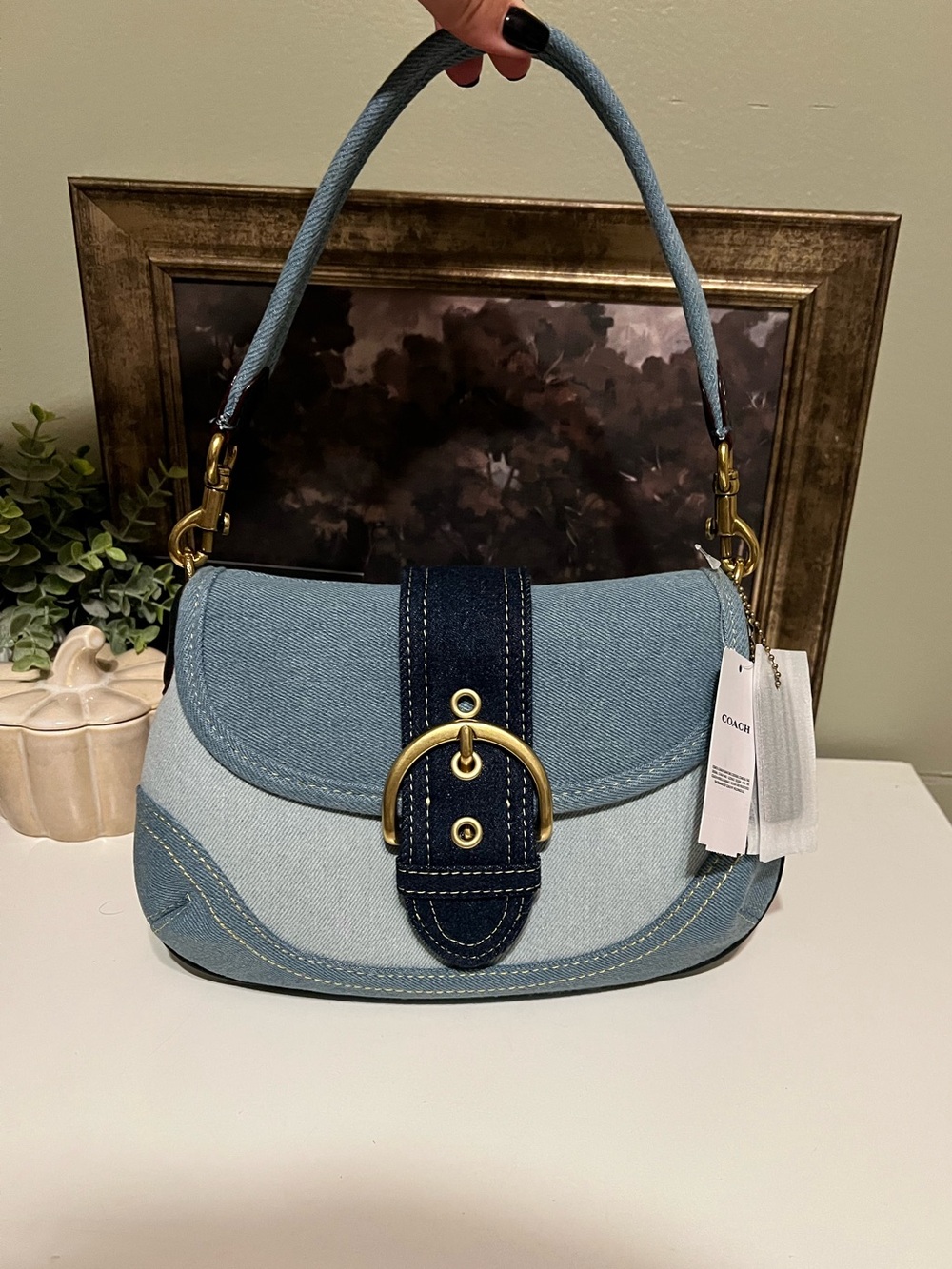 Coach Soho Flap Denim Shoulder Bag with Gold Buckle